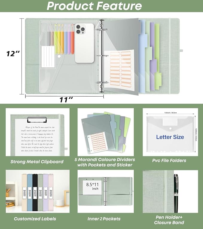 2 Inch 3 Ring Linen Binder Organizer, BVSSX Three Ring Binders with Clipboard, Plastic Folder, 5-Tabs Pocket Dividers with Sticker Labels, Pen Loop, Elastic Strap (Sauge, Letter Size)