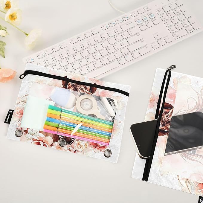 Brown Horse Watercolor Flower Pencil Pouch for 3 Ring Binder, 2 Pack Waterproof Pencil Bags Clear Window Pencil Case Zipper School Office Supplies