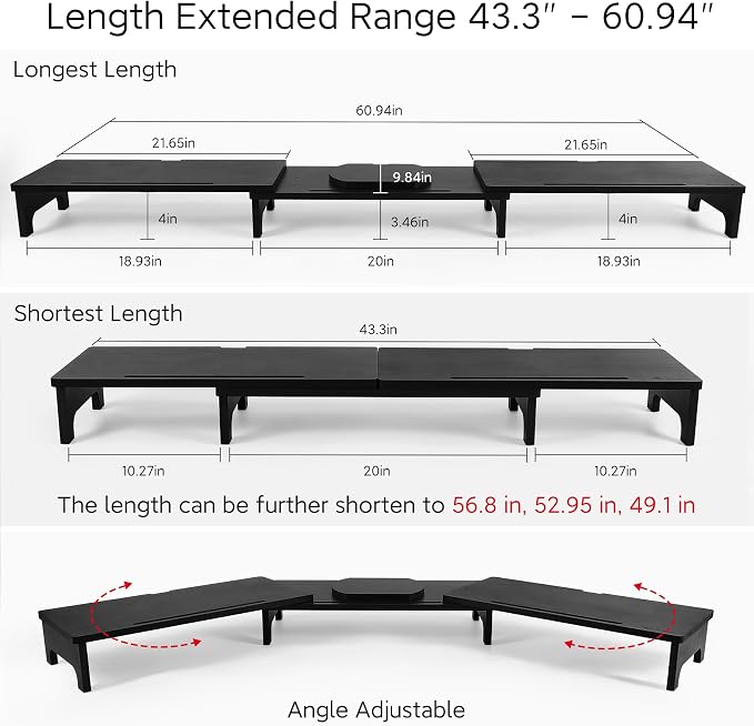 Nnewvante Bamboo Monitor Stand Riser, 60 inch Upgrade Height Large TV Riser | Black, Adjustable Length Angle, Dual Monitor Stand for Desk, 3 Shelves Desktop Screen Riser, For Computer Laptop
