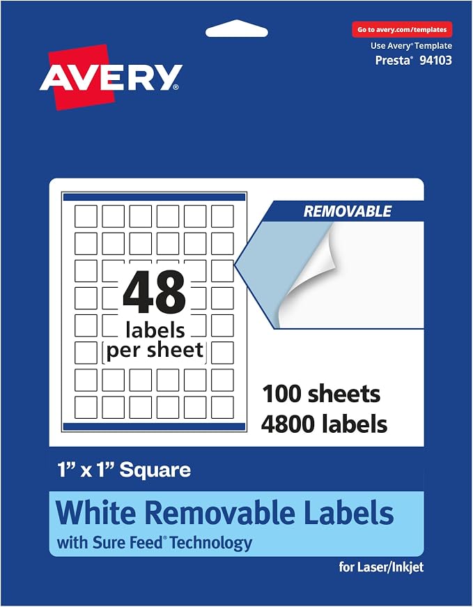 Avery® Matte White Removable Square Labels, Sure Feed® Technology, Print-to-The-Edge, 1" x 1", 4,800 Removable Labels, Laser/Inkjet Printable