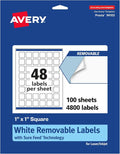 Avery® Matte White Removable Square Labels, Sure Feed® Technology, Print-to-The-Edge, 1" x 1", 4,800 Removable Labels, Laser/Inkjet Printable