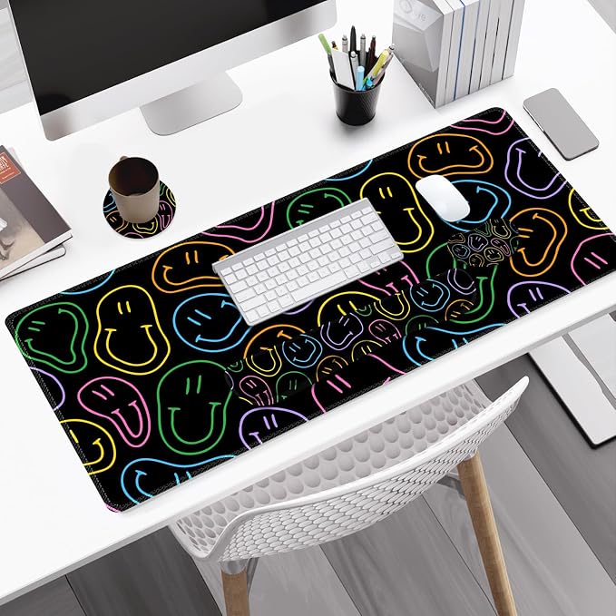 Large Gaming Mouse Pad Set, 4 in 1 Extended Keyboard Desk Mat with Wrist Rest, Computer Game Mousepad, Non-Slip Desk Pad Protector Easy Typing Pain Relief for Home Office I Black Retro Hippie