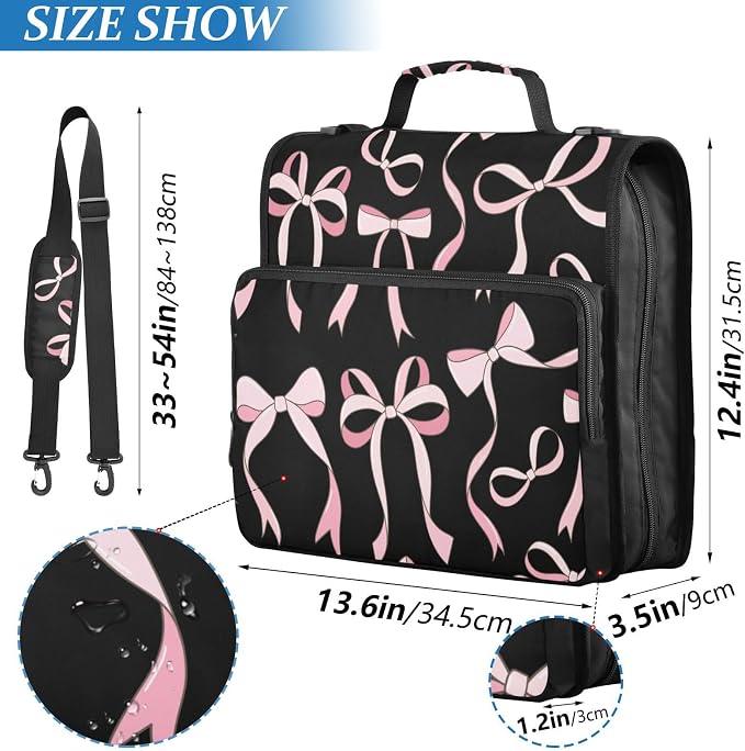 Pink Ribbon Bows Black Zipper Binder with Shoulder Strap Bag 3 Ring Binder Organizer Large Capacity Multiple Compartments for School Office