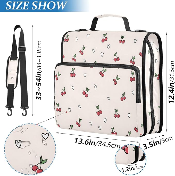 Cute Cherry Heart Pattern Zipper Binder 3 Ring with Handle and Shoulder Strap, 500 Sheet Binder Organizer Capacity & Multi-Pockets for School Office