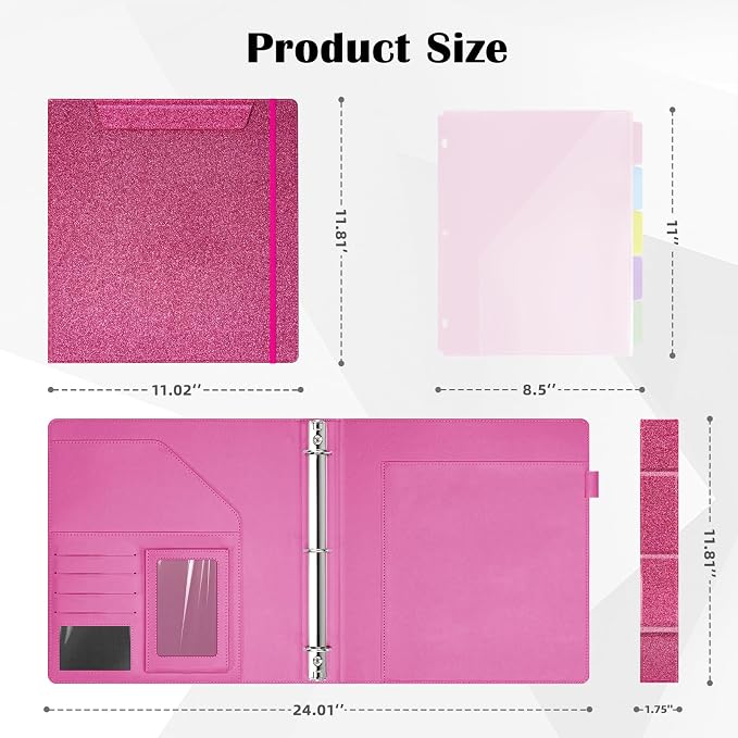 Ospelelf Glitter Leather Clipboard Binder 1 Inch, Magnetic Clipboard Folio Organizer with 5 Pocket Dividers & Zipper Pouch, Cute 3 Ring Document Organizer Binder for Office, Glitter Pink