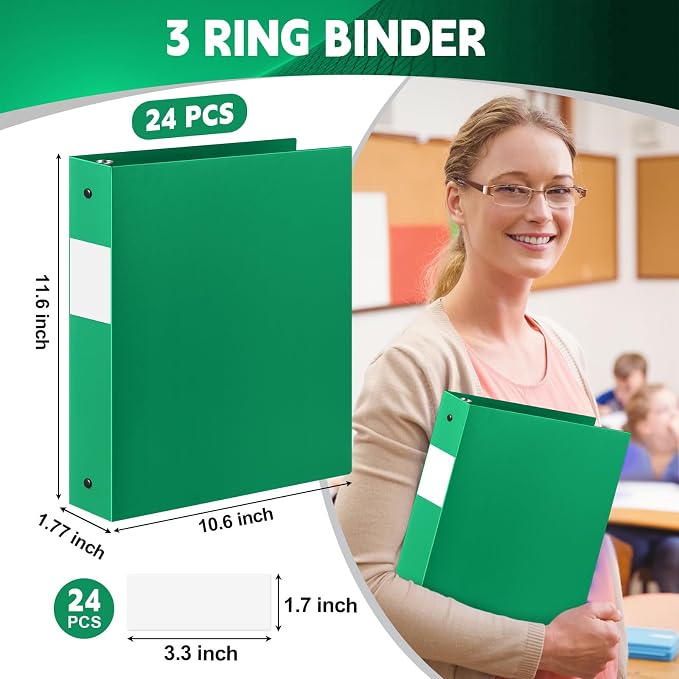 Henoyso 24 Pcs 1.5 Inch 3 Ring Binders, Letter Size,Green | Binders Bulk, Holds 350 Sheets, Round Rings, Durable Flexible PP Plastic Covers, Pockets Labels, School Office Supplies