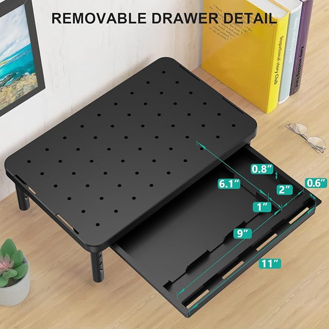 WALI Computer Monitor Stand with Storage, Monitor Riser 3 Height Adjustable | Laptop Riser with Airflow Vents, Desk Organizer for Computer, Printer, Notebook (PTT002-B), 1 Pack, Black
