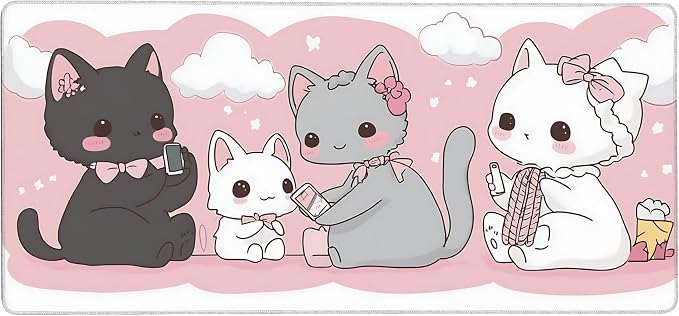 Cute Anime Cats Gaming Mouse Pad, Pink Kawaii Desk Mat with Anti-Slip Base & Stitched Edges,35.4" x 15.7" in Desk Accessories for Women, Home Office Decor & Artistic Gift