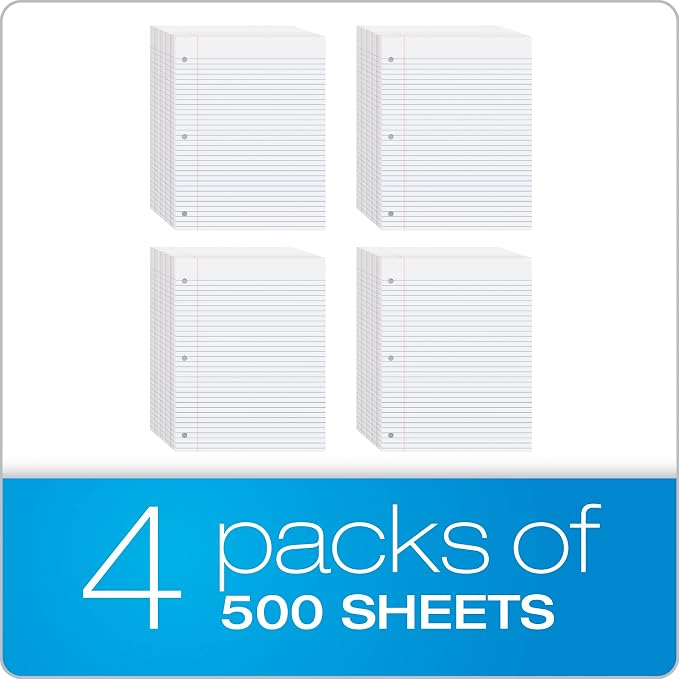 Oxford Loose Leaf Paper, 2000 Sheets, College Rule Filler Notebook Paper, 8-1/2" x 11", 3-Hole Punched Fits 3-Ring Binders, 4 packs of 500 (62331)