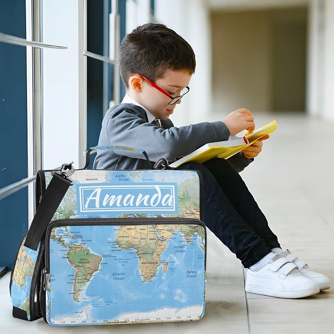 Custom 3 Ring Zipper Binder World Map Blaue Personalized Name 1.5 inch Binders Large Capacity Multi Pockets for School Office Supplies