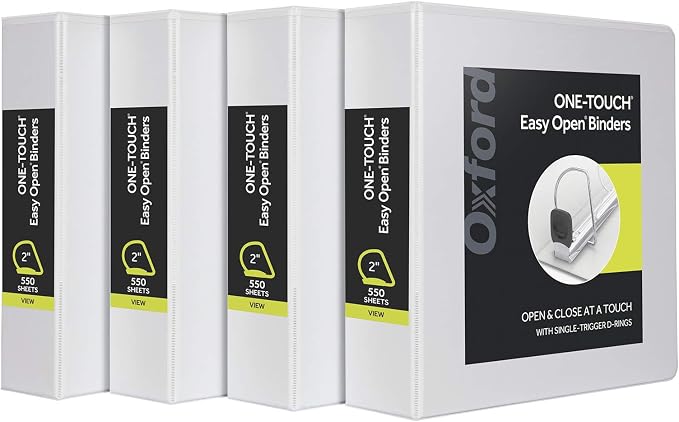 Oxford 3 Ring Binders, Binders for School and Office, 2 Inch ONE-Touch Easy Open D Rings, 3-Sided View Binder Covers, Xtralife Hinge, Non-Stick, PVC-Free, White, 530-Sheet Capacity, 4 Pack (79910)