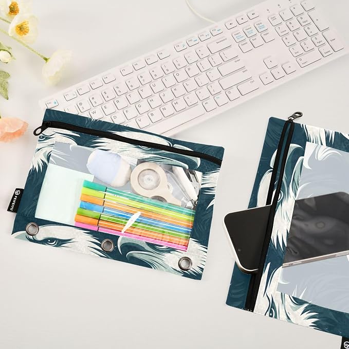 Eagles Head Pencil Pouch for 3 Ring Binder, 2 Pack Waterproof Pencil Bags Clear Window Pencil Case Zipper School Office Supplies