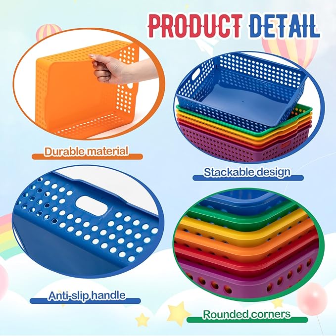 Geetery 6 Pack Classroom Storage Baskets with Handle,Rainbow Color | 14''x10'' Paper Tray Holds A4 Turn in Trays Plastic Paper Baskets Desk Organizer Bin for Classroom, Library, Office, Home