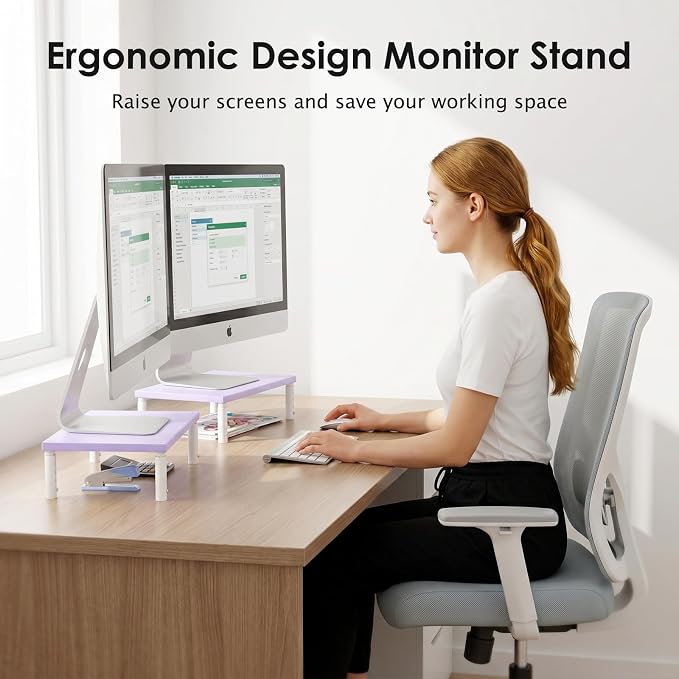 ECOLOVI Adjustable Wood Computer Monitor Stand Riser, Office Desk Organizer and Accessories for Monitor, Laptop, PC, Printer, Office Desk Accessories Workspace Organizer for Home Office Supplies, Purple