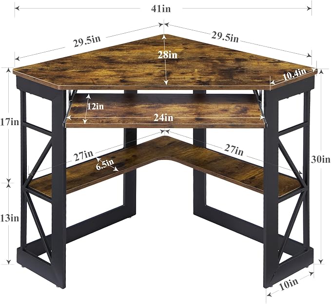 VECELO Corner Desk Computer Desk Writing Table with Smooth Keyboard Tray & Storage Shelves,Compact Home Office Triangle Table,Antique Brown