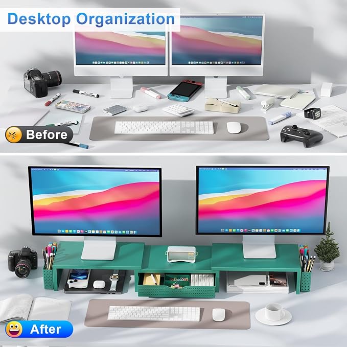 gianotter Dual Monitor Stand Riser With Drawer and 2 Pen Holders | Computer Monitor Stand Desk Organizer and Accessories Desk Shelf for Top of Desk (Green)