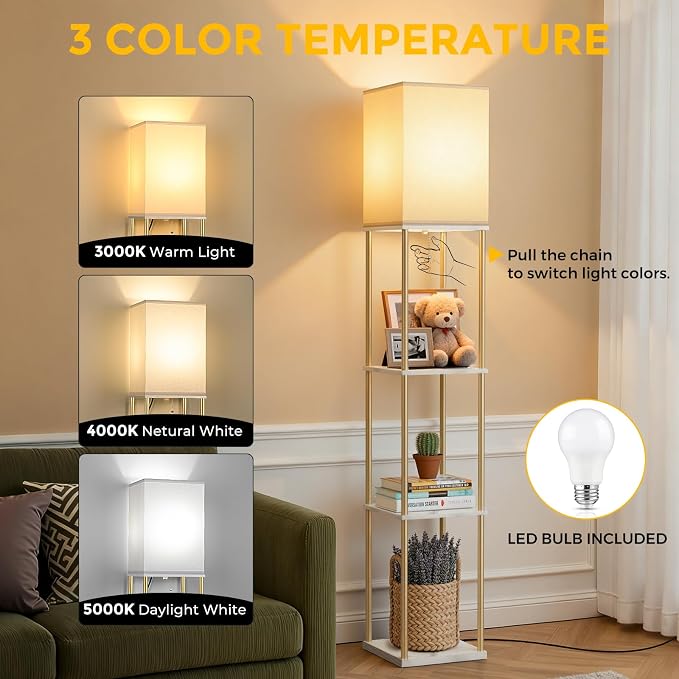 Floor Lamp with Shelves, 3-Tier Square Bookshelf Standing Lamp White & Gold | 3 Color Temperature Bulb Included, Pull Chain Mid Century Tall Lamp for Living Room Bedroom Corner Office Apartment Decor
