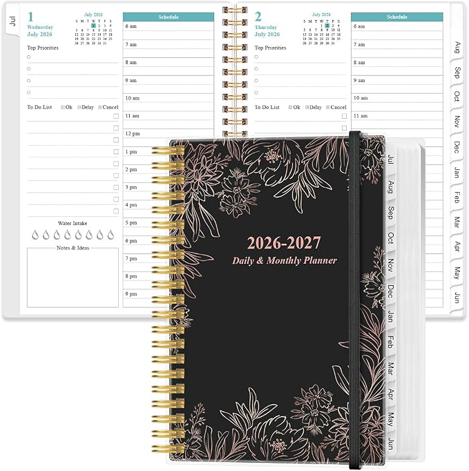 Daily Planner 2026-2027 Full Page Per Day- 2026-2027 Daily & Monthly Planner from July 2026 to June 2027, Day Planner 2026-27 with 12 Months Tabs, 6.4" x 8.5", Black Flowers