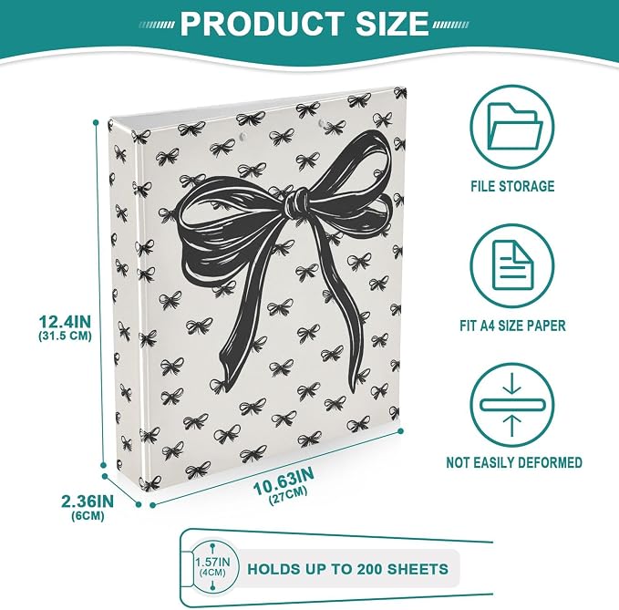 Bow White Black Coquette Round Ring Binders 1.5 Inch Bowknot Doodle Pattern 3 Ring Clipboard Binder for Office School Work Supplies File Folder Document 200 Sheet Capacity Easy Open 2 Pieces
