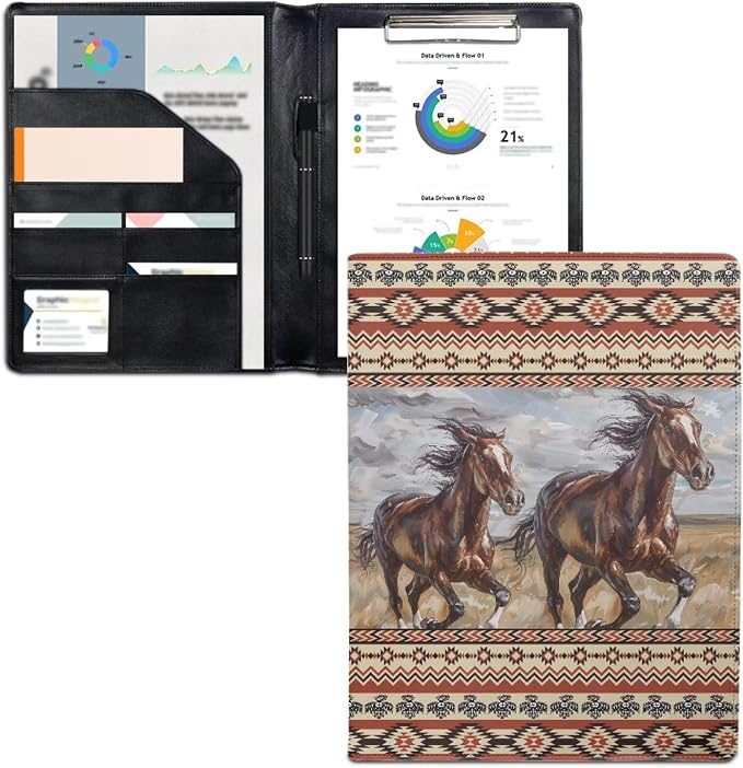 Dreaweet Southwestern Portfolio Binder Leather Padfolio for Women Men Aztec Tribal Horse Portfolio Folder for Documents Resume,Letter/A4 Size Clipboard,Business Card Holders Organizer