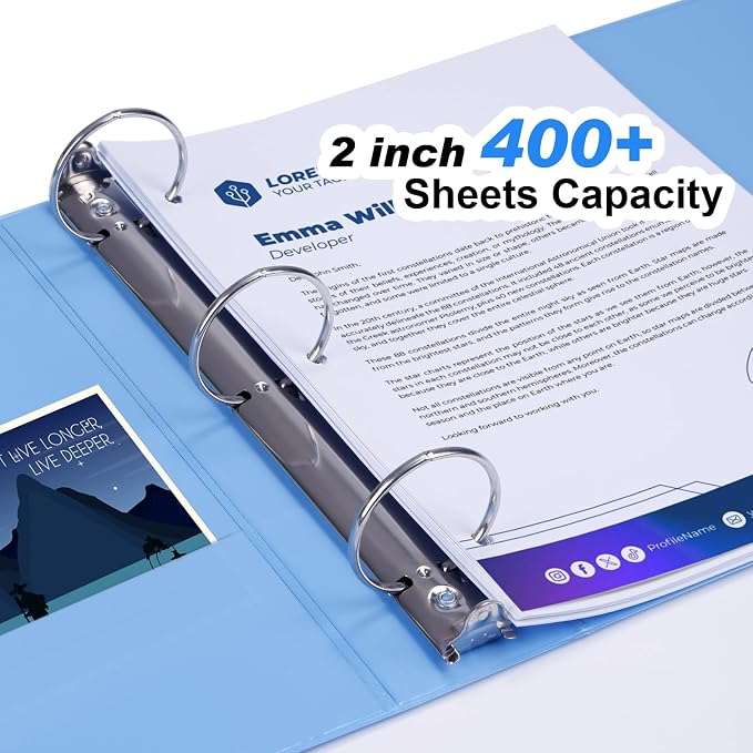 COMIX Sturdy Standard 2 Inch 3 Ring Binder with Clear View Cover | 2"Round Ring,PVC-Free,Holds 400 Letter Sheets,Morandi Multicolor for Students & Office,6 Pack (Pale Blue)