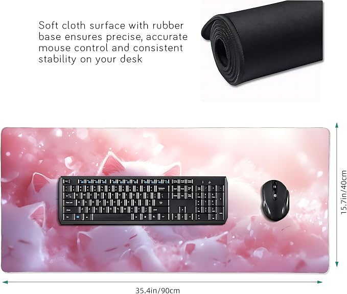 Cute Anime White Cat Gaming Mouse Pad, Pink Dreamy Desk Mat with Anti-Slip Base & Stitched Edges,35.4" x 15.7" in Table Mat for Computer Desktop, Beautiful Workstation Decor