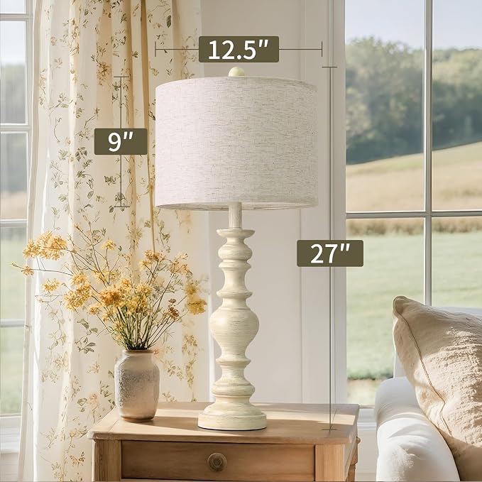 BOBOMOMO 27" Antique White Table Lamps Set of 2, Large Vintage Resin Lamps with Linen Shades, Farmhouse White Lamps for Bedroom, Living Room, or Console Table Elegant Home Décor
