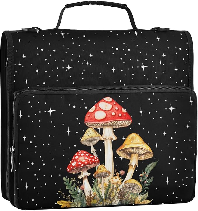 Mushroom Binder Bag 3 Ring Zipper with Handle Shoulder Strap | for School Work Office Organizer Storage Case