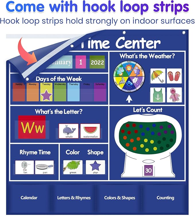 Auchq Circle Time Learning Center Pocket Chart, Heavy-Duty Kids Calendar for Classroom, Educational Pocket Chart Learning Calendar Weather Letter Counting Rhyme Color Shape (Blue)