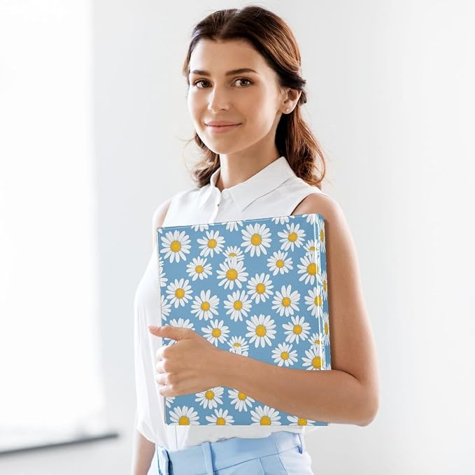 Flower Daisies Floral Hard Cover Ring Binder 1.5 Inch 3 Ring, Printed Ring Binder with Metal Non-Slip Clip Clear Pocket Water Resistant Round Ring Binders for Recipe Budget Office