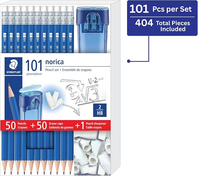 STAEDTLER Norica Pencil Set, 50 Pencils + 50 Eraser Caps + Sharpener 4 Pack