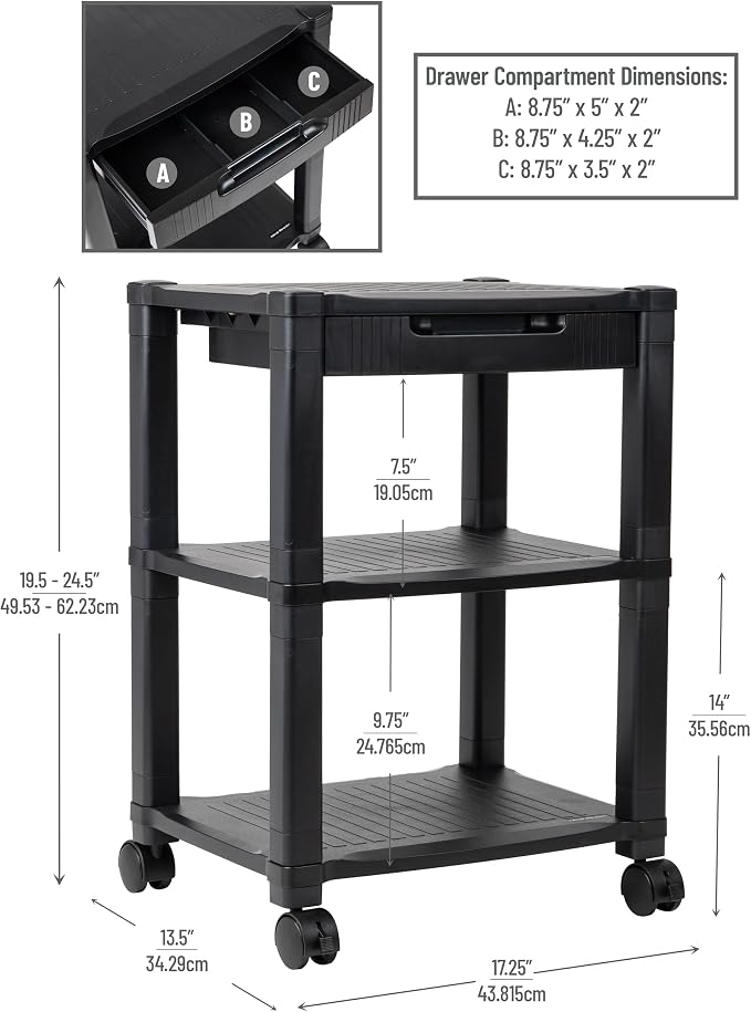 Mind Reader Compact Rolling Printer Cart, Utility Stand with Wheels and Drawer, Space Saving Printer Stand for Home Office, Adjustable 2 or 3 Tier, Black