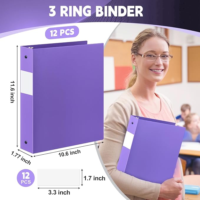 Henoyso 12 Pcs 1.5 Inch 3 Ring Binders, Letter Size,Purple | Binders Bulk, Holds 350 Sheets, Round Rings, Durable Flexible PP Plastic Covers, Pockets Labels, School Office Supplies