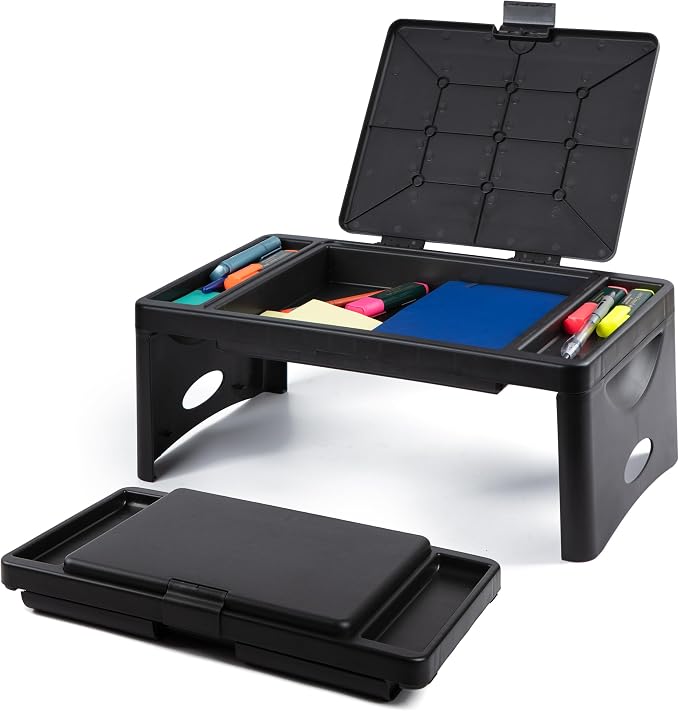 Loddie Doddie Lap Desk, Folding Desk, Bed Table, Black, 9.75"x12" | Built-In Storage with 2 Trays & Pocket, Bed Desk, Easy 2 lb Carry, Car Seat Tray for Travel, Portable Desk, Tucks Under Bed