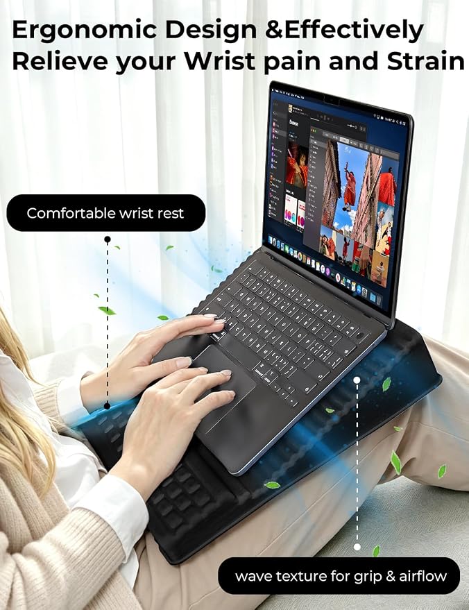 Adjustable Lap Desk with Wrist Rest, Reversible Laptop Stand | Cooling Grip Surface, Fits up to 17'' Laptop, Portable Lap Desk with Pillow Cushion, Computer Tray for Home Office, Black