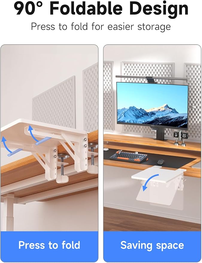 suptek Ergonomics Desk Extender Tray, 9.5"x9.1" Clamp on Table Mount Arm Wrist Rest Shelf, 90° Foldable Computer Arm Rest for Desk, White, DSF3W