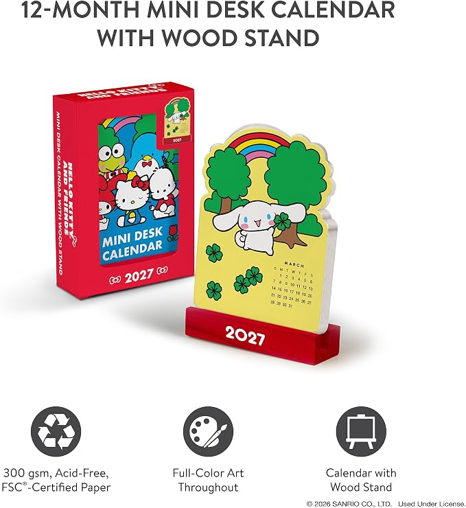 Orange Circle Studio Hello Kitty® and Friends 2027 Mini Desk Calendar with Wooden Stand, 12-Month Small Desktop Calendar, Full-Color Monthly Layouts, 300 GSM FSC-Certified Paper, Office Desk Decor