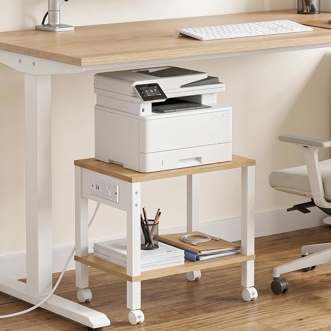 HOOBRO 2-Tier Printer Stand with Charging Station, Under Desk Printer Table, Printer Cart with Storage Shelves, Shelf for Small Spaces, for Home Office, Natural WN38UPS01