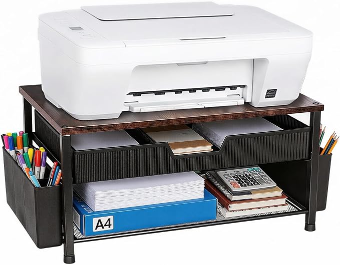Printer Stand for Desk, Desk Organizer with Storage, Desktop Printer Table for Home Office, Multi-Purpose Shelves for Home Printer, Fax Machine, Scanner, Die-Cut Machine (Brown)