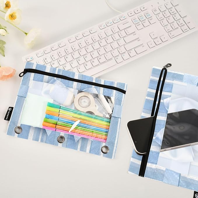 Blue Striped Bow Pencil Pouch for 3 Ring Binder, 2 Pack Waterproof Pencil Bags Clear Window Pencil Case Zipper School Office Supplies