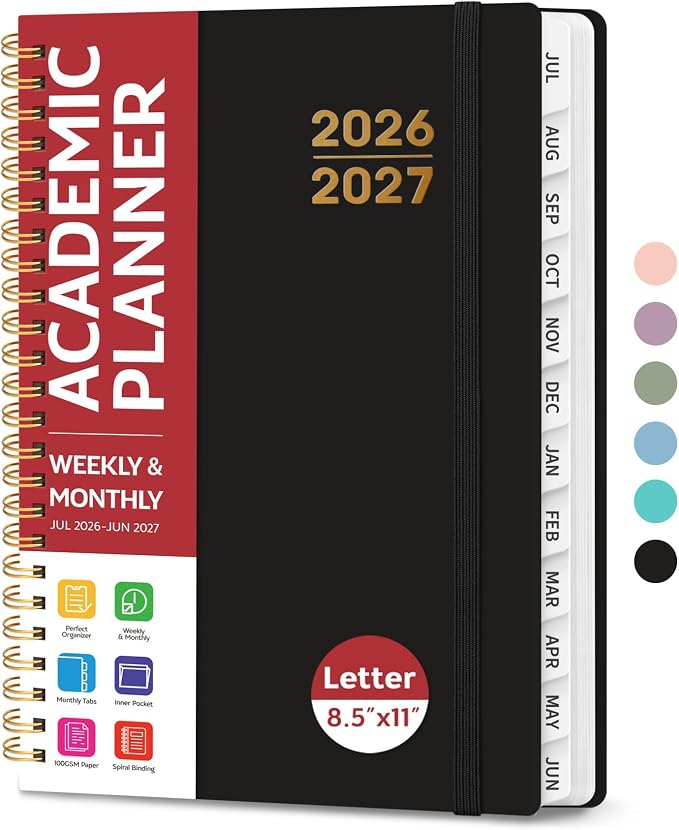 Taja Planner 2026-2027, Jul 2026-Jun 2027 Monthly & Weekly Calendar Book | 8.5" x 11", Hardcover Academic Calendar with Tabs, Teacher Student Agenda Book for School Office Supplies - Black