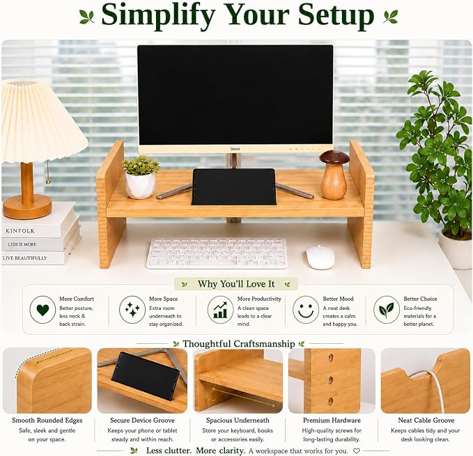 Bamboo Monitor Stand for Desk, 3-Level Adjustable Monitor Riser, Wooden Desktop Shelf Organizer, Portable and adjustable Laptop Stand for Desk, Macbook stand and Computer Tower Stand, TV Riser Printer Stand, Space Saving Desk Shelf