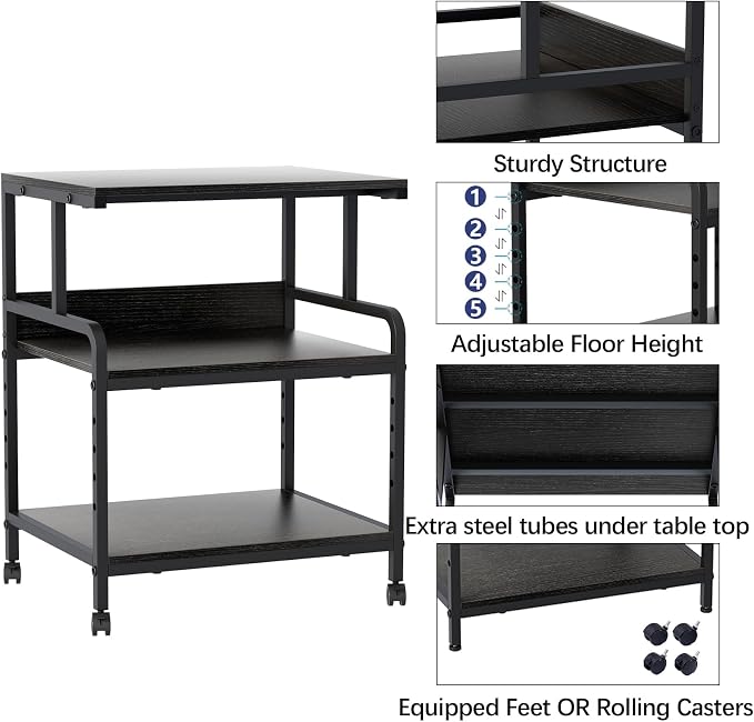 Arbuxzuy Large Printer Stand with Storage Shelf, 23.6" W x 18.9" D Printer Cart with Wheels, 3 Tier Mobile Printer Table for Home Office,Stands for Heat Press Scanner Fax (Black)