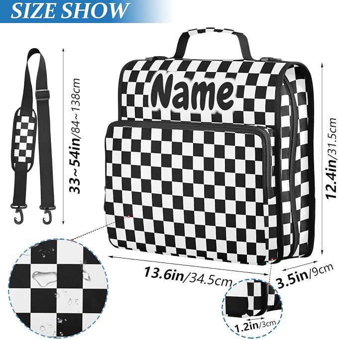 Custom Black White Checkered Pattern 3 Ring Binder Bag 1.5 inch Personalized Name Binder Organizer 500 Sheet Documents Storage for School Office