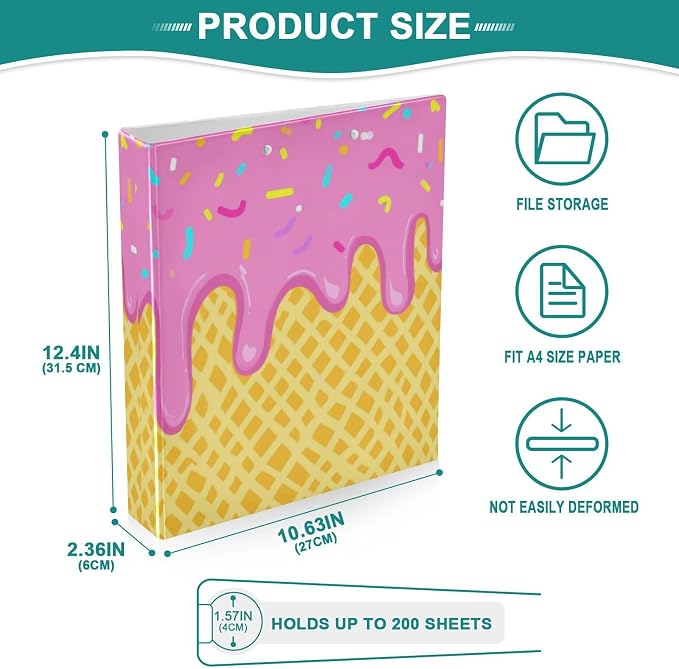 Caikeny 3 Ring Binder Ice Cream Colorful 1.5 Inch Binders Round Ring Clipboard with 2 Pockets for Office Supplies