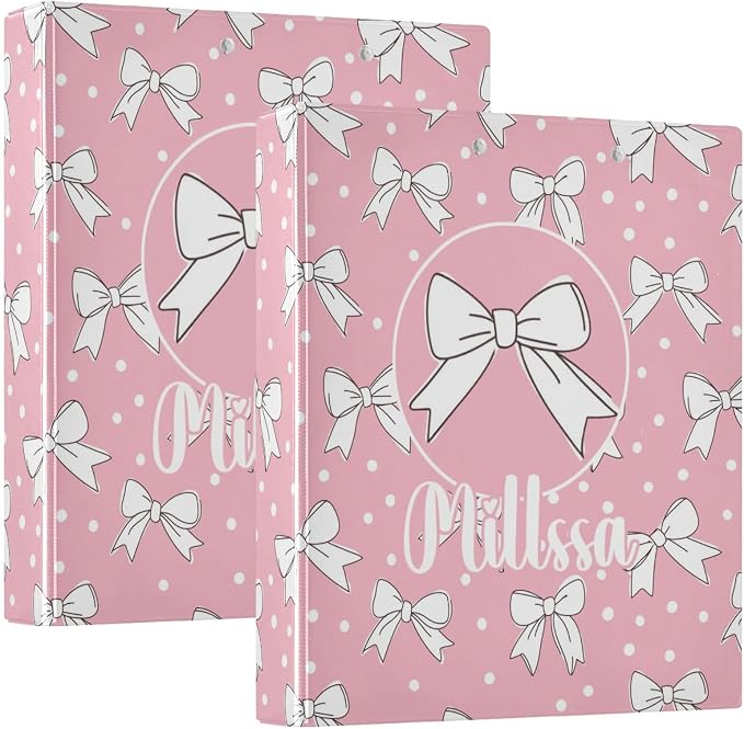 Cute Bows 3 Ring Binder with Clipboard Round Ring Binders Polka Dots Pink Personalized Binder 3 Interior Clear Pockets for Office Supplies 2 Pack