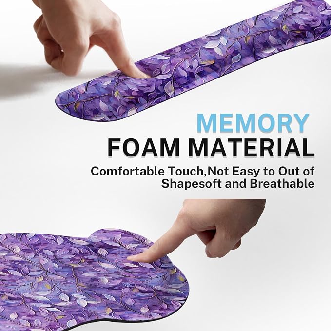 Keyboard Mouse Pad Set, 4 in 1 Desk Mat Set, Purple Leaves Oil | Large Mousepad+Keyboard Wrist Rest+Mouse Wrist Rest+Coaster Ergonomic Design for Home Office Computer