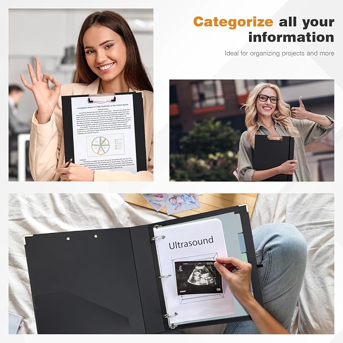Ospelelf 3 Ring Binder, 1.5 Inch, Cute Letter Size (11" x 8.5") with 5 Tab Dividers, File Folder Labels and Low Profile Clipboards, Black Binder for School and Office Supplies