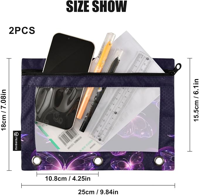 Custom Butterflies Purple Neon Pencil Pouch for 3 Ring Binder, 2 Pack Personalized Name Waterproof Pencil Bags Clear Window Pencil Case School Office Supplies
