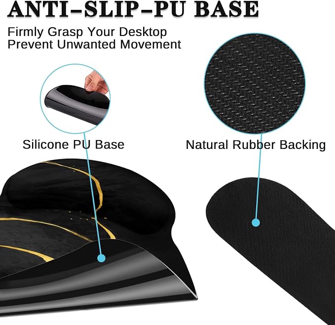 Keyboard Mouse Pad Set, 4 in 1 Desk Mat Set, Marble Black Gold | Large Mousepad+Keyboard Wrist Rest+Mouse Wrist Rest+Coaster Ergonomic Design for Home Office Computer